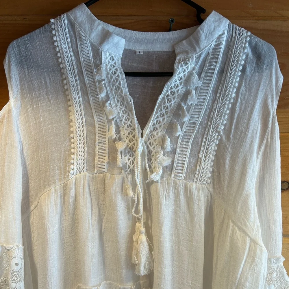 White Boho Lace and Tassel Mini Dress xL - Picture 3 of 6